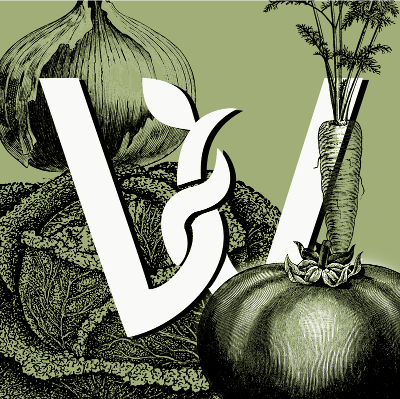 Kwadratowa grafika: na jednolitym tle logo Wspólnego Ogrodu - stylizowana na gałęzie litera "W" oraz zarysy cebuli, kapusty, pomidora i marchewki.