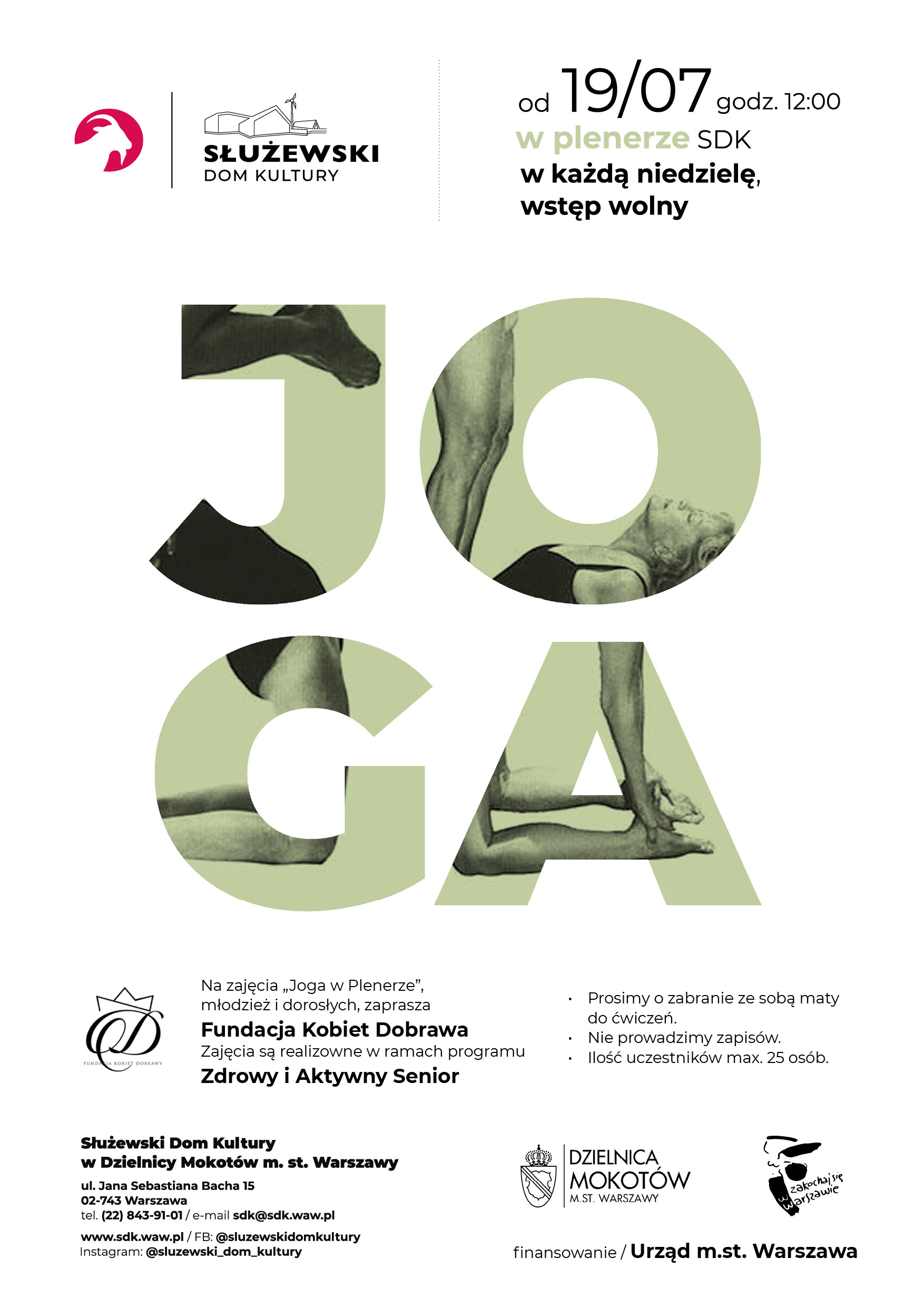 Plakat przedstawia typograficzną ilustrcję zajęć JOGA w PLenerze