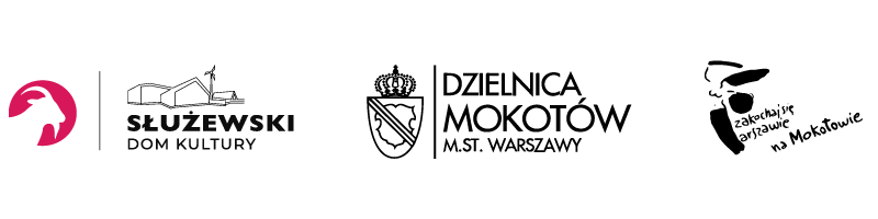 Grafika przedstaia trzy logotypy - Służewski Dom Kultury, Urząd Dzielnicy Mokotów i Zakochaj się w Warszawie na Mokotowie