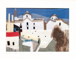  Obraz „Grecja- wyspa Samos” przedstawia krajobraz położonego na wzgórzu, greckiego miasteczka. Dominującą bryłą hjest kościół a barwą biel. W tle niebieskie niebo i wzgóze. Biała architektura na tle błękitnego nieba zachwyca kolorystyczną aurą. 