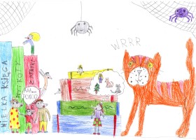 Dziecięcy rysunek, plakat do spektaklu: rodzina myszek między książkami. Po prawej duży tygrys. Nad nimi pajęczyny i dwa pająki. Aut.: Pola Danieluk