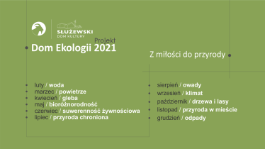 Plansza z logiem Służewskiego DK oraz rozrysowanym planem projektu SDK "Dom Ekologii".