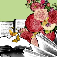 Ilustracja: Otwarte książki, z których wyrastają kwiaty i wylatują motyle. Il. Ela Biryło