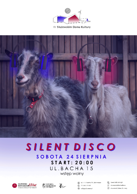 Plakat przedstawia dwie kozy z obrobionymi graficznie słuchawkami do silent disco na uszach. Grafika w fioletowych tonach. W dolnej części plakatu szczegóły wydarzenia