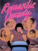 Oficjalny plakat filmu "Komedia Romantyczna". Grafika w stylu komiksu: kobieta siedząca na podłodze po turecku przed telewizorem, obok niej książki. Nad jej głową dymki myśli. W dymkach postacie. Na górze plakatu duży neonowy napis "Romantic Comedy".