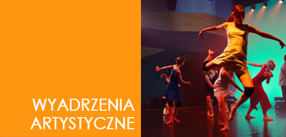 Pozioma ilustracja: po prawej tancerki na scenie; po lewej jednolity kwadrat , na nim napis "wydarzenia artystyczne".