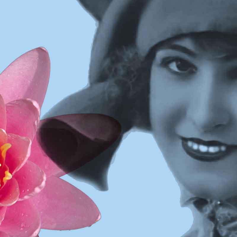 Kolaż foto: twarz kobiety w retro kapeluszu i obok duży kwiat.
