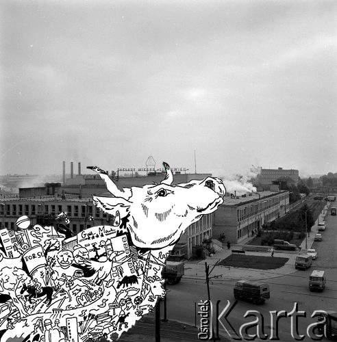 Grafika: Logo projektu krowa z ciałem zbudowanym z symboli Mokotowa na tle zdjęcia fabryki. Zdjęcie: Październik 1968, Warszawa, Polska. Zakłady Mięsne 