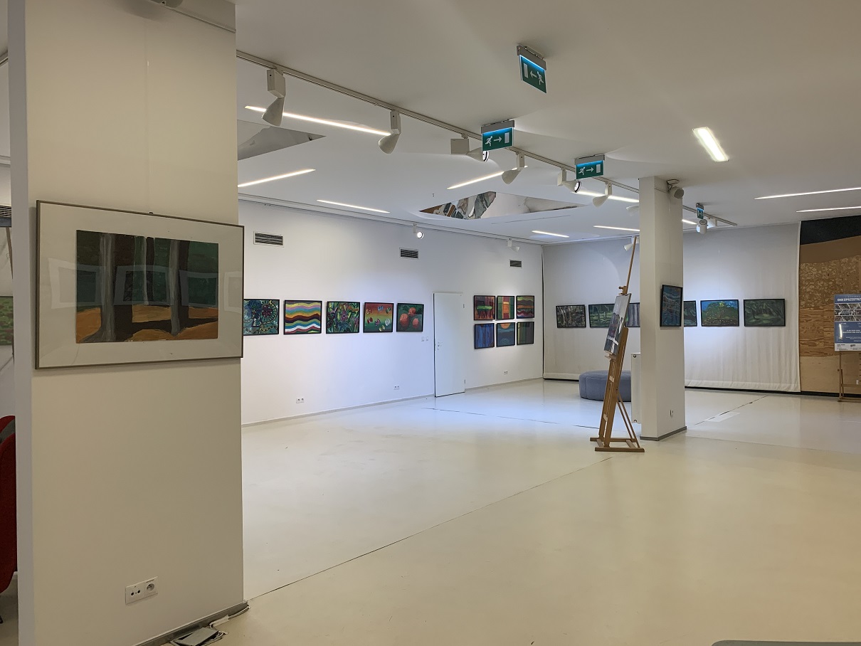 Zdjęcie przedstawia przestrzeń Galerii przy Kozach z wystawionymi pracami uczestników projektu "Onkoprzestrzeń kreatywna". Na białych ścianach wisi kilkanaście prac. W głębi zdjęcia widać dzienne światło oraz oświetlenie wystawiennicze.