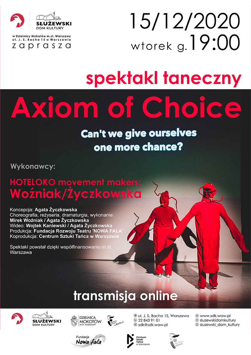 Plakat promocyjny wydarzenia, którego treść jest zawarta w artykule. W centralnej części dwie postaci w czerwonych kombinezonach są zwrócone ku sobie, oświetla je białe światło punktowe. Dookoła ciemność.