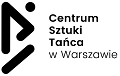 Logo centrum sztuki tańca w Warszawie. Napis po prawej stronie, po lewej ikona człowieka w ruchu tanecznym